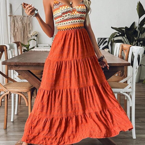 Orange Boho Women's Vacation Style Geometric Stripe Contrast Color Layered Dress - Picture 5 of 6